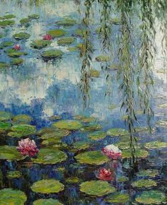 a painting of water lilies and weeping willows on a pond with lily pads