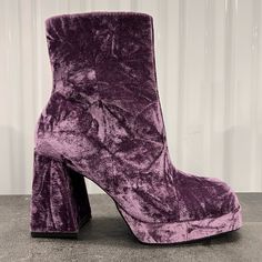 From Gb, The So-Retro Velvet Platform Block Heel Booties Feature: Velvet Fabric Upper Zipper Closure Synthetic Lining Rubber Outsole Approx. 7.1" Boot Shaft Height Approx. 10.8" Boot Shaft Circumference Approx. 1" Covered Platform Height Approx. 3.9" Covered Block Heel Height Imported. These Are All In Ecellent Condition. Linda Perfect For Mardi Gras! Fit: True To Size Love These Shoes! Purple Platform Heels, Purple Booties, Black Suede Booties, Platform Block Heels, Tan Boots, Gianni Bini Shoes, Western Booties, Black Ankle Booties, Ankle Boots Flat