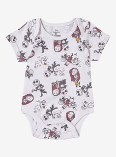 Get your little one ready for a visit to Halloween Town with this Nightmare Before Christmas one-piece! Featuring an allover print of Jack  Sally  Zero  Lock  Shock  and Barrel- this outfit includes snaps along the bottom for easy dressing.A BoxLunch Exclusive!60% cotton; 40% polyesterListed in infant sizesWash cold with like colors; lay flat to dryDo not iron over printImported White Onesie With Cartoon Print For Playwear, White Cartoon Print Onesie For Playwear, White Printed Onesie For Bedtime, White Onesie With Character Print For Playtime, Cute White Onesie With Character Print, White Short Sleeve Onesie For Bedtime, Short Sleeve Character Print Bodysuit For Playtime, Short Sleeve Bodysuit With Character Print For Playtime, White Short Sleeve Onesie With Character Print