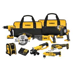 the dewbock tool kit includes two drillers, one cordless saw and several other tools