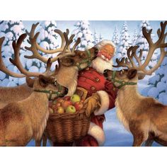 a painting of santa claus with reindeers and apples