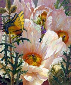 a painting of pink flowers with a yellow butterfly on it's wing and another white flower in the foreground