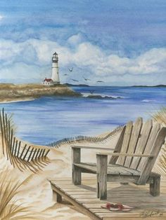 a painting of a chair on the beach with a lighthouse in the background