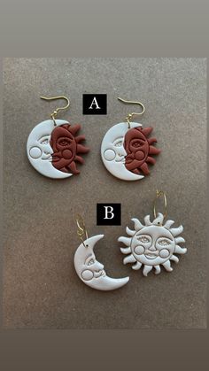 three sun and moon shaped earrings with the letters a, b, and c on them