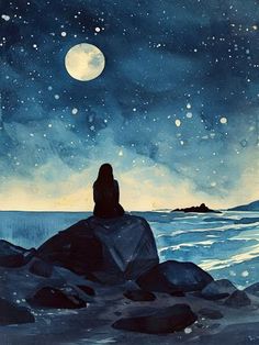 a painting of a person sitting on rocks looking at the ocean under a full moon