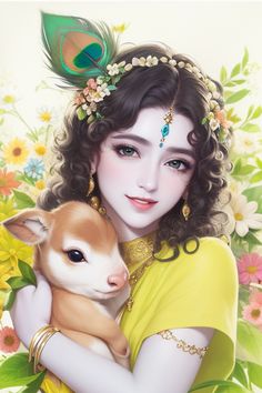 a painting of a woman holding a baby deer