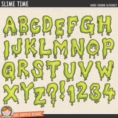 an alphabet with green paint on it and the letters are all in different shapes, sizes and