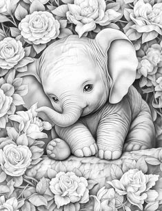 an elephant is sitting in the middle of flowers