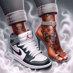 a painting of a pair of shoes with tattoos on their ankles and feet, in front of a grey background