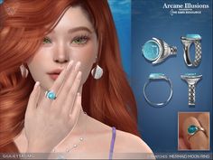 an image of a woman with red hair and jewelry in her hands, including rings