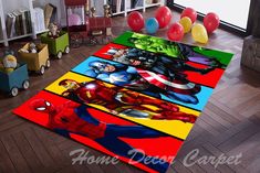 the avengers rug is on the floor next to balloons