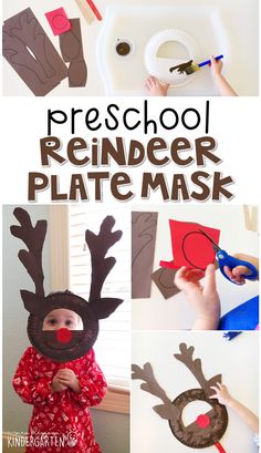 this is a collage of reindeer paper plate masks for kids to make and decorate