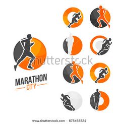 marathon city logo design templates with running man and orange circle, isolated on white background