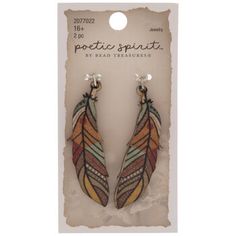 Give your handmade jewelry a touch of American heritage with these Wood Feather Pendants! These wood pendants are shaped like feathers with colorful earth-tones. Black lines and colorful dots give these feathers a touch of Native American style. Take their jump rings and add them to a necklace, or use them to create beautiful earrings! Details: 	 Length: 2" 	 Width: 5/8" 	 Metal Color: Silver Card contains 2 pendants. Wood Pendants, Shrinky Dink Earrings, Wood Feather, Silver Card, Handmade Leather Jewelry, Polymer Clay Flower Jewelry, Earthy Style, Jewelry Charms Pendants, Metal Clay Jewelry