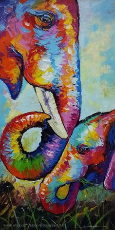 an elephant with its baby painted on it's face is shown in this colorful painting