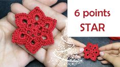 two hands holding red crocheted squares with the words 6 points star