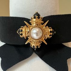 Vintage Signed Saint John Maltese Pearl. Black Enamel Brooch Pin Bow Tie Choker Absolutely Stunning Signed Brooch Pin Brooch Is Removed From Bow But Can Be Easily Reattached For Wear. Both Are Included In Sale. Choker Is Soft Black Knit Ribbon Bow Tie Is Grosgrain Hook And Eye Adjustable Closure Very Chanel Esque Unsigned But From The Same Collection As My Benedikt Sold Previously. A Rare Find Tie Choker, Ribbon Bow Tie, Saint John, Enamel Brooch, Ribbon Bow, Black Enamel, Black Knit, Pin Brooch, Maltese