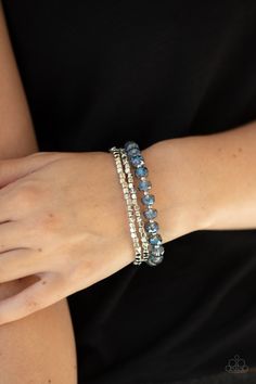 A pair of silver cube beads join one strand of blue crystal-like beads around the wrist, creating iridescently stretchy layers. Sold as one set of three bracelets. Paparazzi Jewelry Images, Trendy Fringe, Hematite Crystal, Cube Beads, Crystal Beads Bracelet, Ball Necklace, Heart Frame, Paparazzi Accessories, Stretchy Bracelets