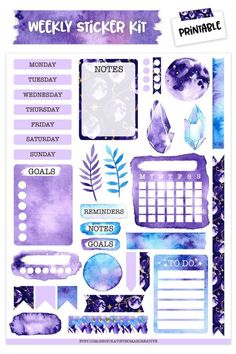 the weekly planner sticker kit with purple and blue watercolors