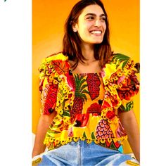 Nwt This Top Is A Dream! So Cute! Farm Rio Fruit Dream Smooch Top New With Tags And Has Good Stretch Size Small But Can Fit Medium Yellow Tropical Tops For Spring, Yellow Tropical Top For Spring, Vibrant Yellow Tops For Vacation, Vibrant Yellow Top For Vacation, Vibrant Yellow Vacation Tops, Casual Yellow Tops With Fruit Print, Casual Yellow Top With Fruit Print, Polka Dot Pencil Skirt, Smocked Blouse