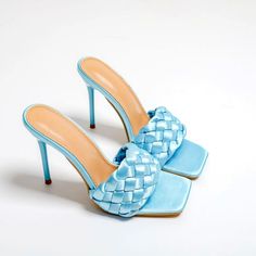 Available only in one size Luxury Blue High Heel Sandals, Luxury Blue High Heel Mules, Luxury Pink Satin Heels, Blue Luxury Square Toe Heels, Luxury Light Blue High Heel Sandals, Luxury Blue Square Toe Heels, Turquoise Heels, Luxury Slides, High Heel Mules