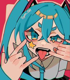 an anime character with blue hair and stars on her face is making a funny face