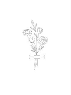 a black and white drawing of flowers in a vase