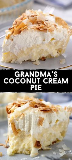 two pictures of a piece of coconut cream pie