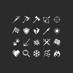 white icons on black background for web and mobile application design, including symbols such as compass, map, fire extinguisher etc