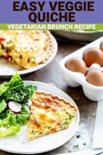 an easy veggie quiche recipe on a plate with salad and eggs in the background