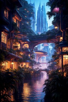 an image of a futuristic city by the water