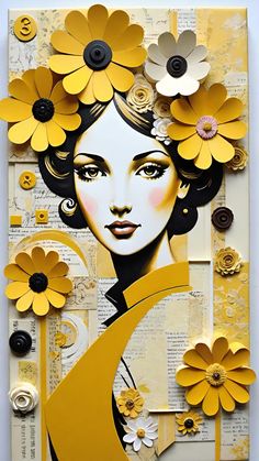 an art piece with yellow flowers on it and a woman's face in the center