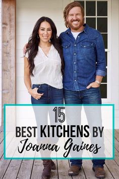 two people standing next to each other in front of a house with the words best kitchen by