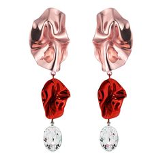 The Cindy Crystal Drop Earrings are vibrant statement earrings in metallic Petal Pink and Ruby Red. These sculptural drop earrings are accented with a dazzling crystal. Why You'll Love It The Cindy Crystal Earrings are the perfect statement earrings to accessorize any look. Their vibrant color is sure to turn heads. Details Ceramic coated Crystal Sterling silver post and butterfly fastening High-polish Mirror Finish Item includes suede jewelry pouch and box Made in New York City Shipping Ships i Suede Jewelry, Crystal Statement Earrings, Gold Vermeil Jewelry, Choker Pendant, Vermeil Jewelry, Colorful Earrings, Statement Pendant, Solid Gold Jewelry, Crystal Drop Earrings