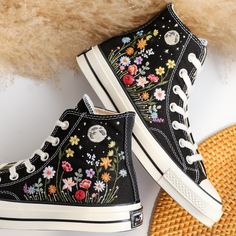 '' Custom Converse Hight Tops Chuck Taylor 1970s Embroidered Gardens Flower and Moon and Star, Peony, Poppies, Rose, Daisy Embroidered Converse Custom, Personalized Gifts for Her '' 🍀 Price includes Converse Shoes and Floral Embroidery Designs as shown 🍀 🍀 Shoe Type: Converse 1970s 🍀 Shoe color: 3. Black _1970s 1. DETAILS 🍀 You can send me your Converse, Vans, canvas shoes or I can buy them for you. Custom-ordered embroidered Vans and Converse shoes, please wait another 2-4 days. Each new pair of shoes from brand's store. Each pair is HAND EMBROIDERED to order, please make sure you put in the correct shoe size before you check out. The embroidery is meticulous and does not fade. 🍀 You will receive Vans and Converse shoes with floral embroidery designs as above. 2. PERSONAL EXPRESSION Embroidered Vans, Cute Converse Shoes, Converse 1970s, Embroidered Sneakers, Embroidered Converse, Cute Converse, Flower Moon, Preppy Shoes, Embroidery Shoes