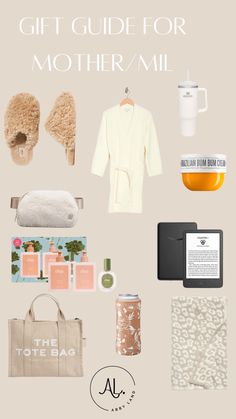 the gift guide for mother's day is displayed with items from her purse, tote bag and more