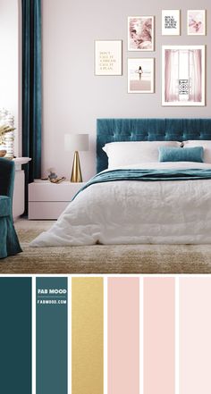 a bedroom with pink, teal and gold color palettes on the wall above the bed