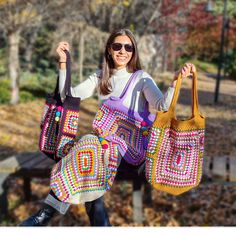 I'm crocheting grandma's knit bags for you. This wonderful grannysquare crochet bag handmade is the perfect accessory for your summer and winter outfit. Summer is so close and the sun is shining everywhere, it's time for summer fashion 💗💗 -This awesome crochet bag is the perfect accessory for your summer and winter outfit. - Soft and bright colors in cute granny square. -Crochet bag has enough space for all your belongings :) -Fully handmade crochet after my own design. - The crochet bag is a great gift for dear people and will give a unique look to your style.  Since this product is afghan knitting, it was created by combining different motifs. Each product is unique, it may have a different pattern from the visual. Crochet Bag Size: Width: 18 inches (45 cm) Height: 18 inches (45 cm) St Cute Crochet Purse, Knitted Tote Bag, Knit Afghan, Knit Bags, Awesome Crochet, Knitting Tote Bag, Knitting Tote, Crochet Shoulder Bag, Knitted Afghans