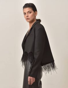 Cropped Blazer with Feather Fringes– NOT JUST A LABEL Crop Blazer Outfit, Wide Shoulders, Blazer Outfit, Crop Blazer, Cropped Blazer, Blazer Outfits, Jacket Design, Feathers, Kimono Top