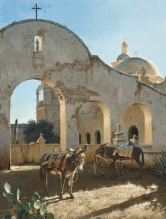 a painting of two donkeys in front of an old building with arches and bells