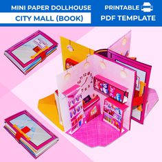 an open pink dollhouse with lots of pictures and accessories on the front, inside and out