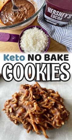 keto no bake cookies with chocolate frosting and shredded coconut on the side