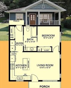 the floor plan for a small house with two bedroom and an attached porch, is shown