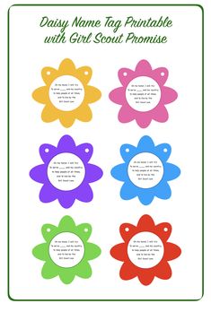 four flower labels with the words, daisy name tags printable with girl scout promise