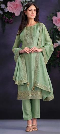 Green color Salwar Kameez in Organza Silk fabric with Embroidered, Sequence, Thread, Zari work Pista Green Art Silk Churidar With Resham Embroidery, Pista Green Traditional Wear With Resham Embroidery For Eid, Pista Green Dola Silk Salwar Kameez For Festive Occasions, Festive Pista Green Dola Silk Salwar Kameez, Pista Green Art Silk Churidar With Zari Work, Pista Green Art Silk Unstitched Suit For Eid, Pista Green Semi-stitched Self Design Churidar, Unstitched Pista Green Art Silk Suit With Dabka Work, Eid Pista Green Art Silk Unstitched Suit