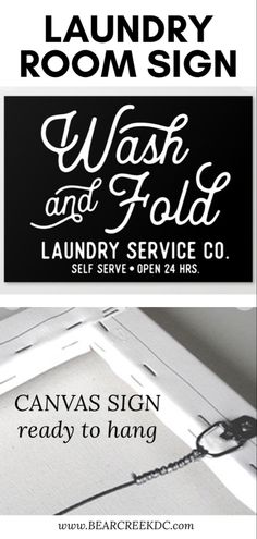 the laundry room sign is hanging on the wall and it says wash and fold laundry service co