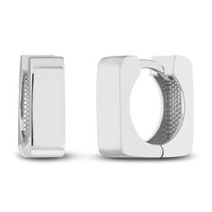 High polished square tubes are fashioned into chunky squares in these classic women's huggie earrings. Fashioned in 14K white gold, the earrings secure in place with hinged backs. Modern Huggie Earrings For Anniversary With Polished Finish, Classic Rectangular Hoop Earrings For Anniversary, Modern White Gold Huggie Earrings For Formal Occasions, Modern Rectangular Hoop Earrings For Anniversary, Square Cut White Gold Earrings For Wedding, Luxury Silver Huggie Earrings, Classic Rectangular Huggie Earrings As Gift, Square Cut White Gold Earrings For Anniversary, Modern Square White Gold Jewelry