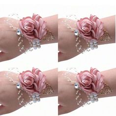 four pictures of a pink rose with pearls on it's wrist and bracelets