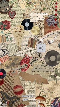 a collage of old music records, flowers and other things on top of each other