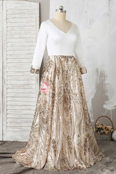 White Long Sleeve Evening Dress For Prom, White Long Sleeve Gown With Sequins, White Long Sleeve Sequin Gown, Long Sleeve Evening Dress With Contrast Sequin For Wedding, White Long Sleeve Evening Dress For Party Season, Long Sleeve Prom Dress, Sleeve Prom Dress, Custom Made Prom Dress, Sparkle Prom Dress